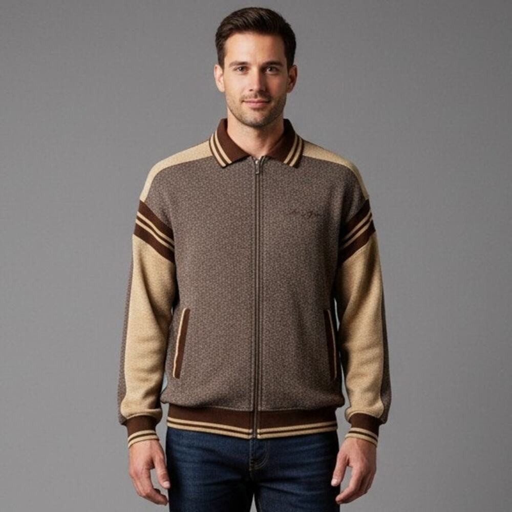 Y2K Sean John Full Zip Sweater Brown Collared Terry Cotton Mens Size Large